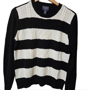CHAPS Womans Classic Black And Ivory  Stripped Cableknit Sweater XL